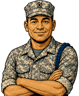 Chief Bud character in military uniform with crossed arms