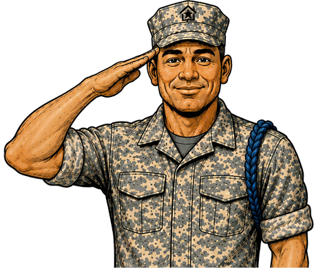 Chief Bud character in military uniform saluting